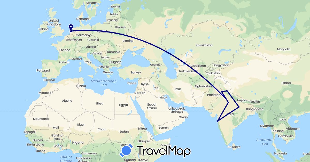 TravelMap itinerary: driving in India, Netherlands (Asia, Europe)